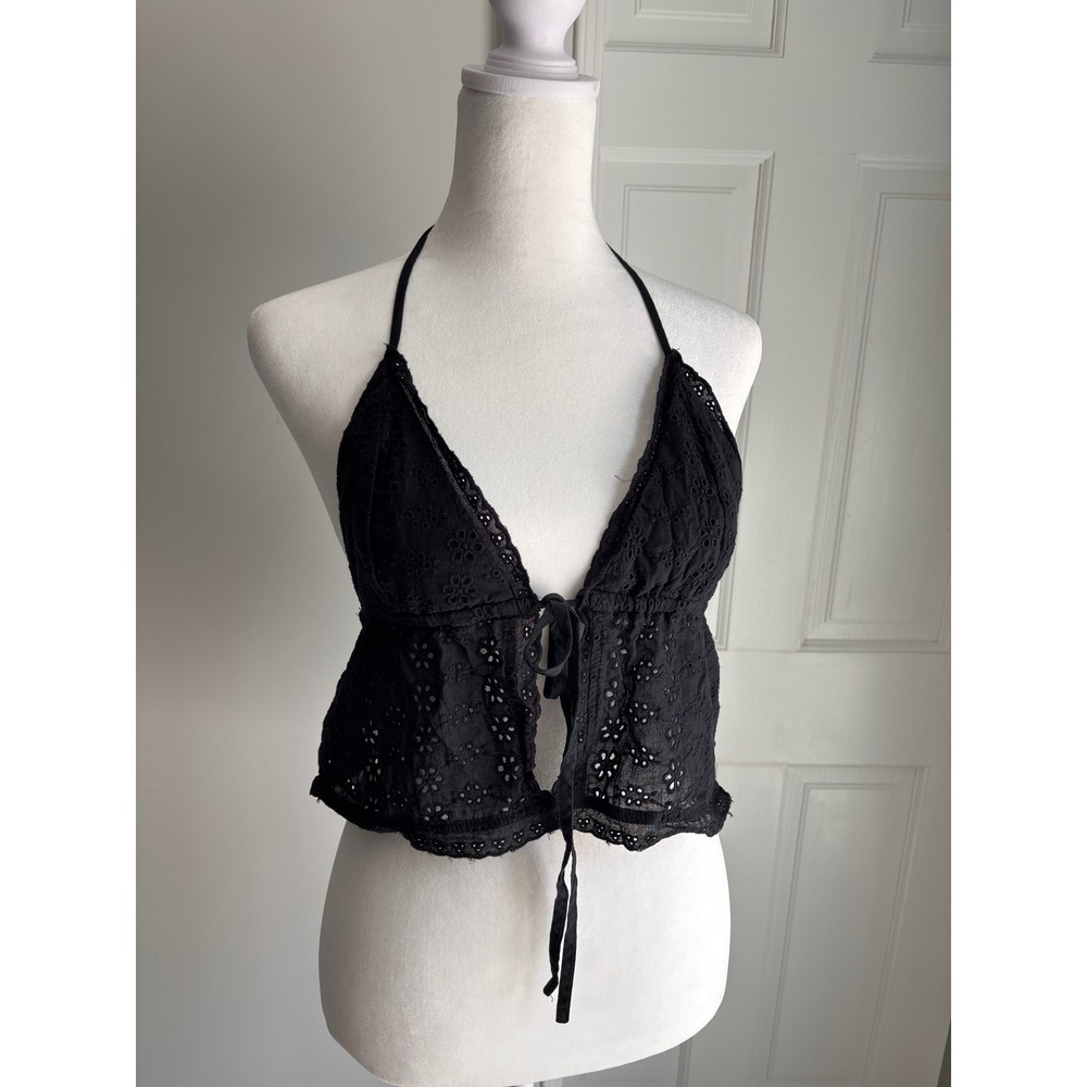 Edikted Halter Top Women L Black Excellent Eyelet Lace Tie Front Crop Festival‎